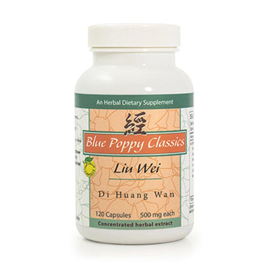 Blue Poppy Zhi Bai Di Huang Wan bottle with 120 capsules for daily wellness support.