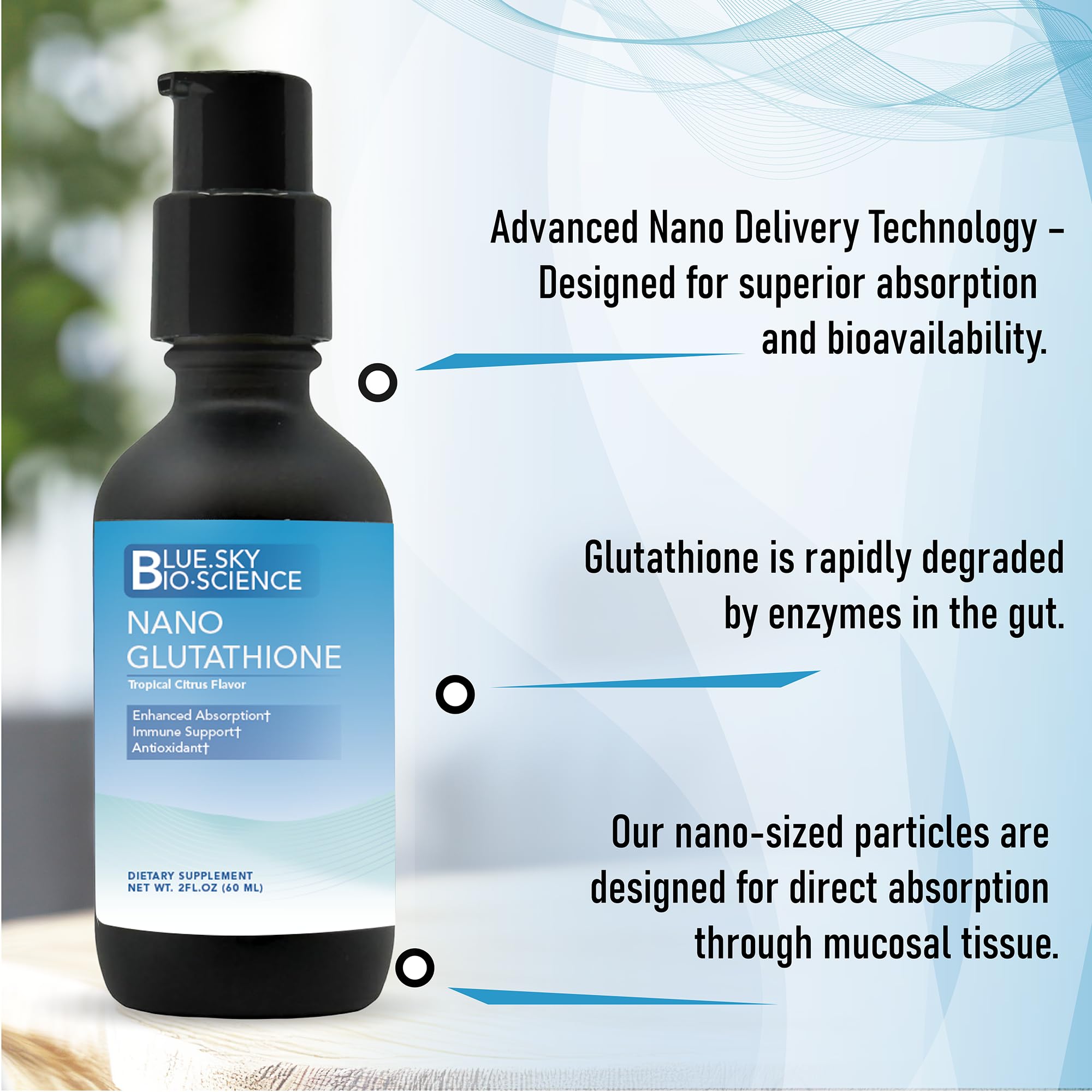 Blue Sky Bioscience Nano Glutathione drops on tongue illustrate quick absorption.