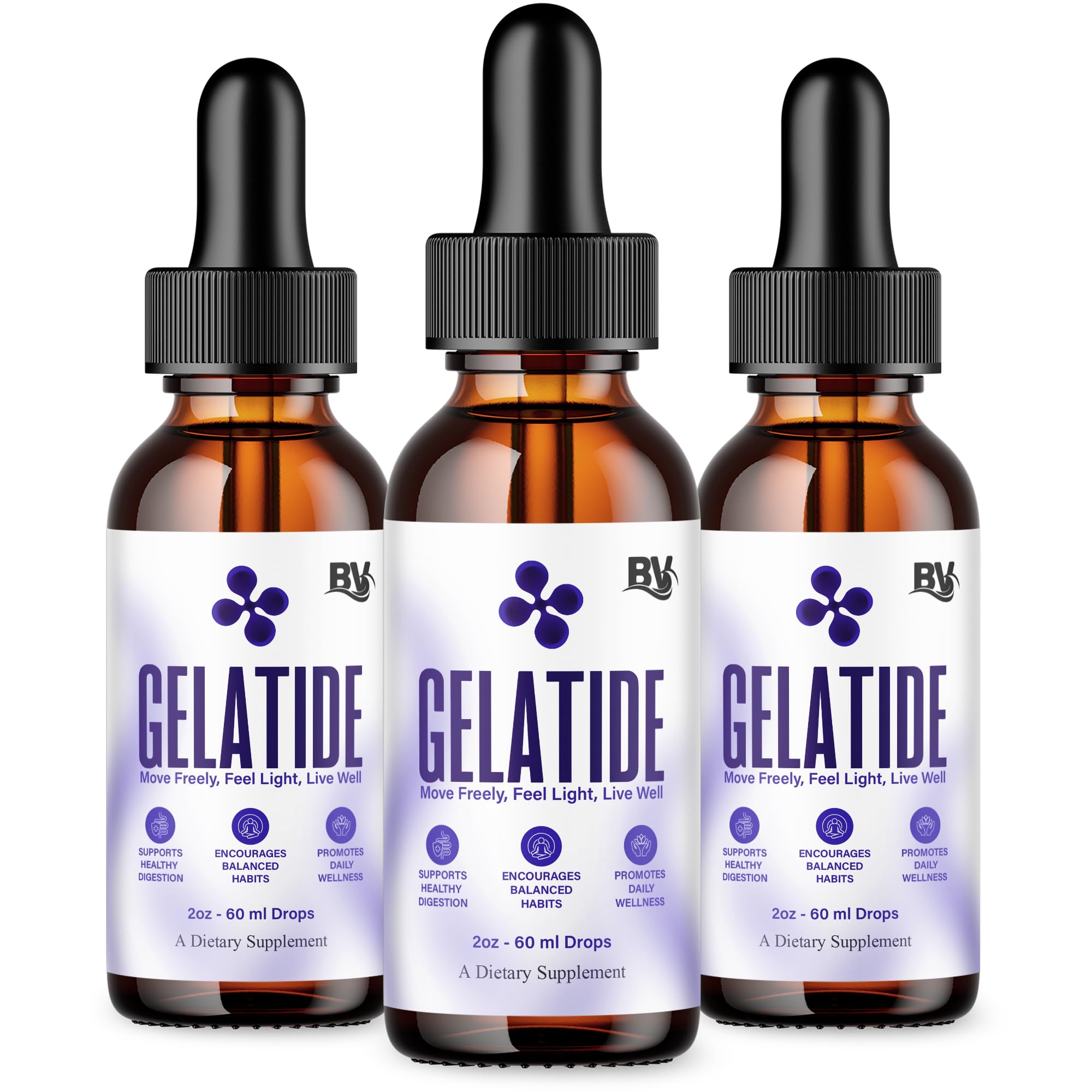 Blue Vibe Gelatide liquid drops in glass bottle for easy daily wellness.