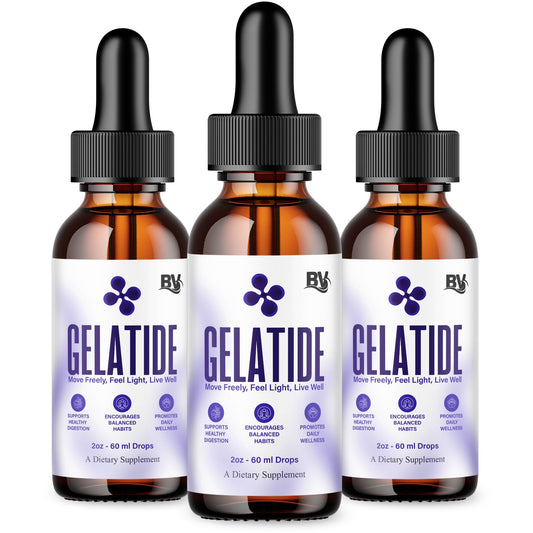 Blue Vibe Gelatide liquid drops in glass bottle for easy daily wellness.