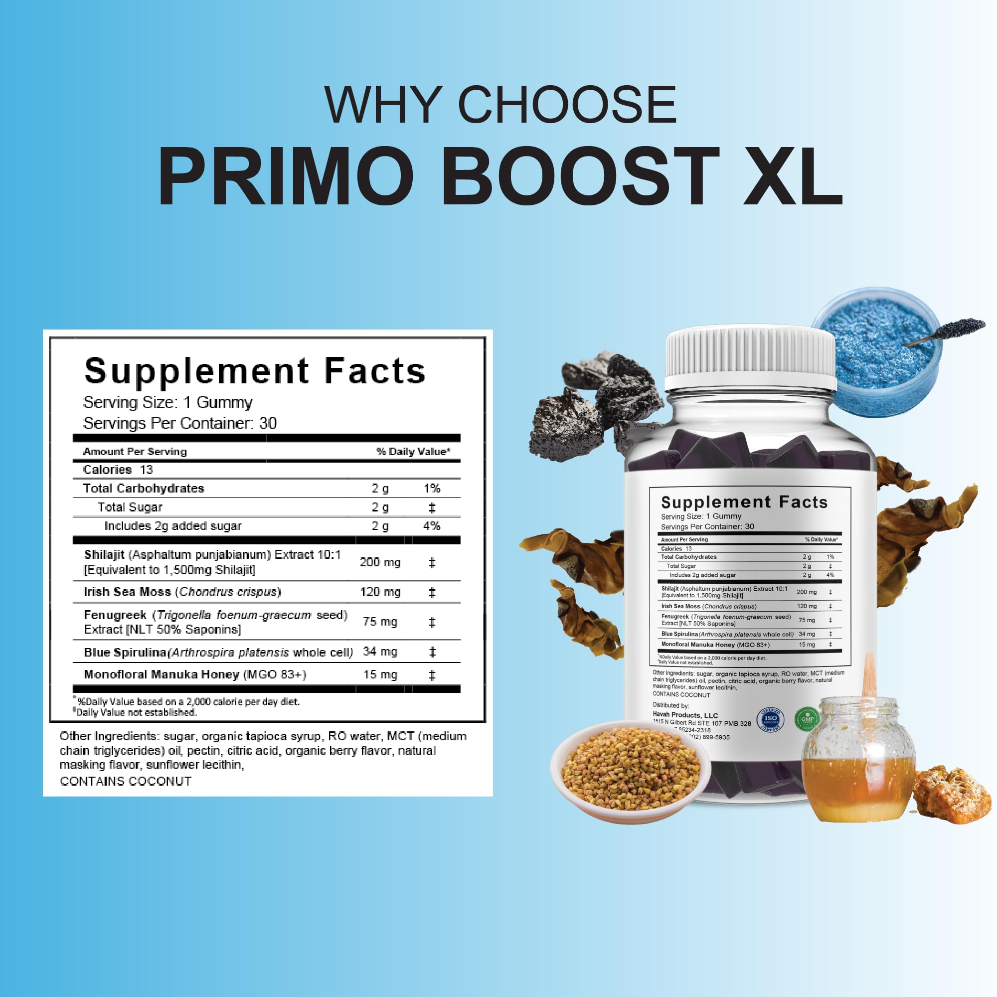 Blue Vibe Primo Boost XL gummies close-up emphasizing shilajit and Manuka honey for energy support
