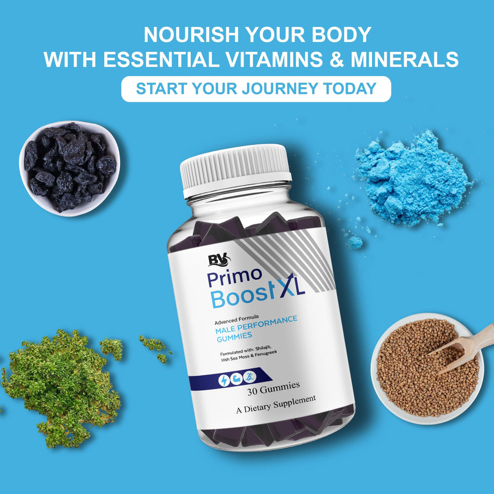 Blue Vibe Primo Boost XL gummies ingredients highlight shilajit and Manuka honey for daily wellness