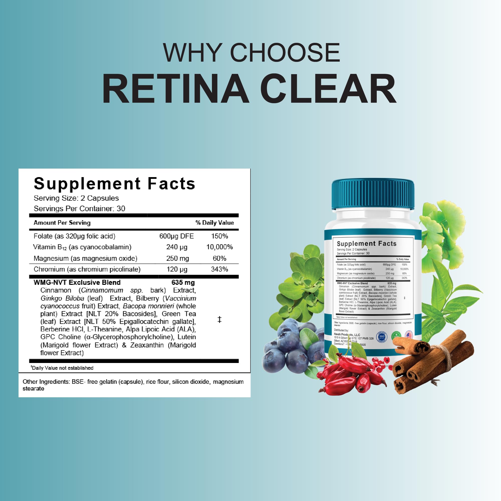 Blue Vibe Retina Clear bottle label closeup showing core nutrients
