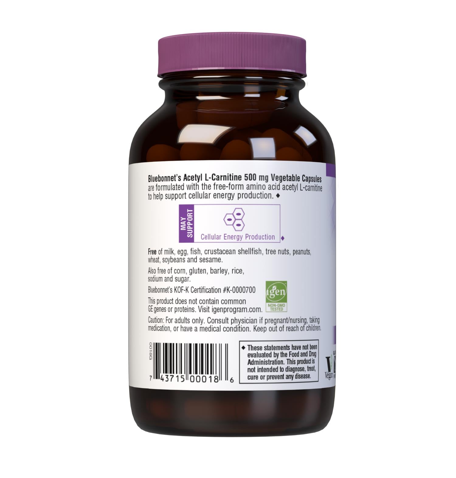 Bluebonnet Acetyl L-Carnitine bottle side label showing free-form amino acid details.