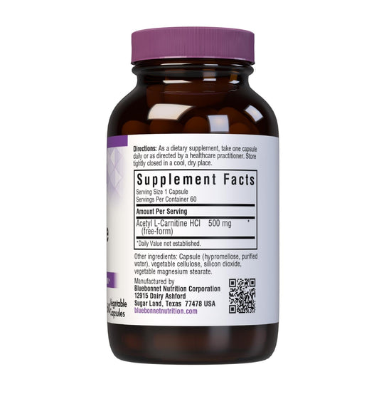 Bluebonnet Acetyl L-Carnitine capsules inside bottle for convenient daily use.