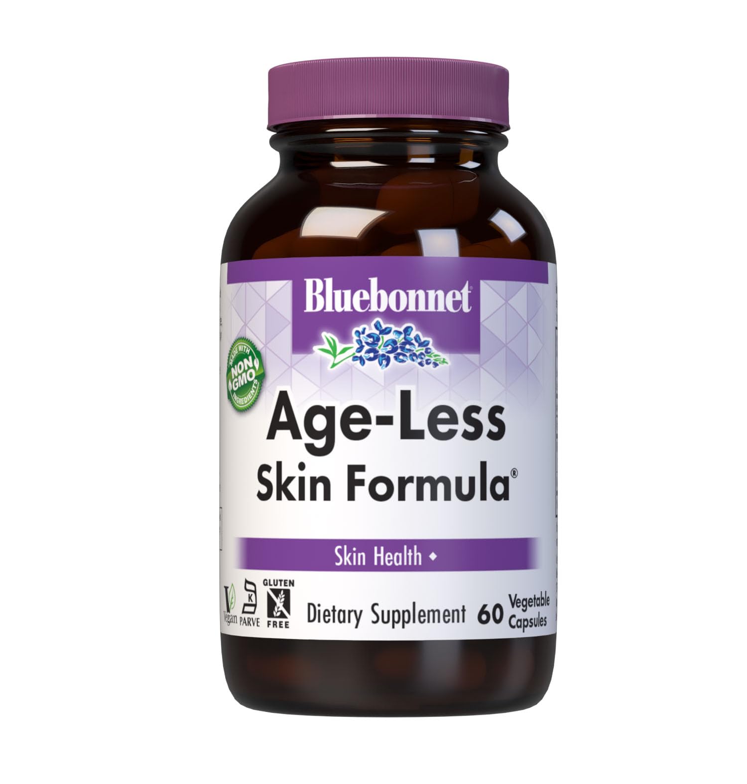 BlueBonnet Age-Less Skin Formula bottle front highlights skin-supporting ingredients.