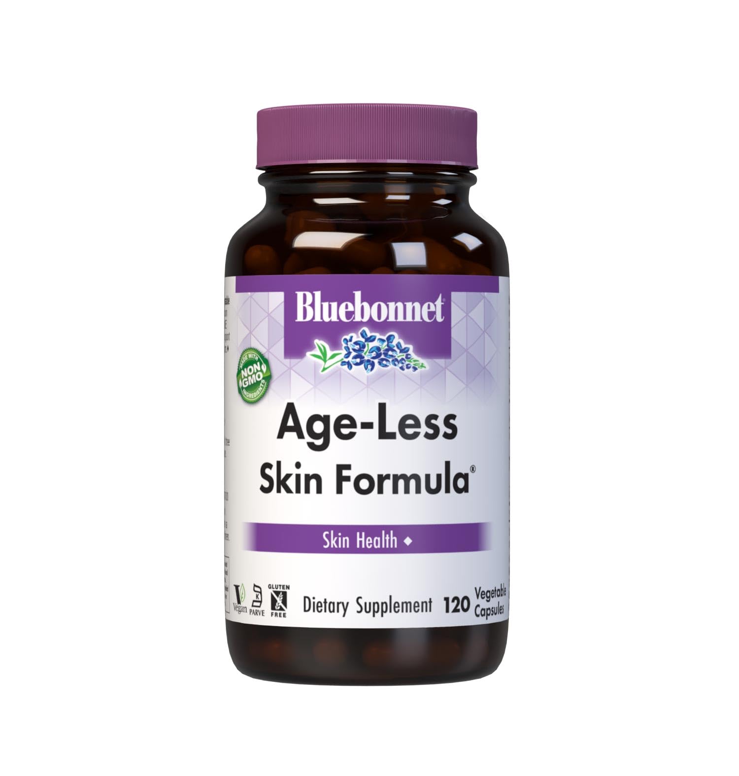 BlueBonnet Age-Less Skin Formula bottle front, convenient daily skin health support.