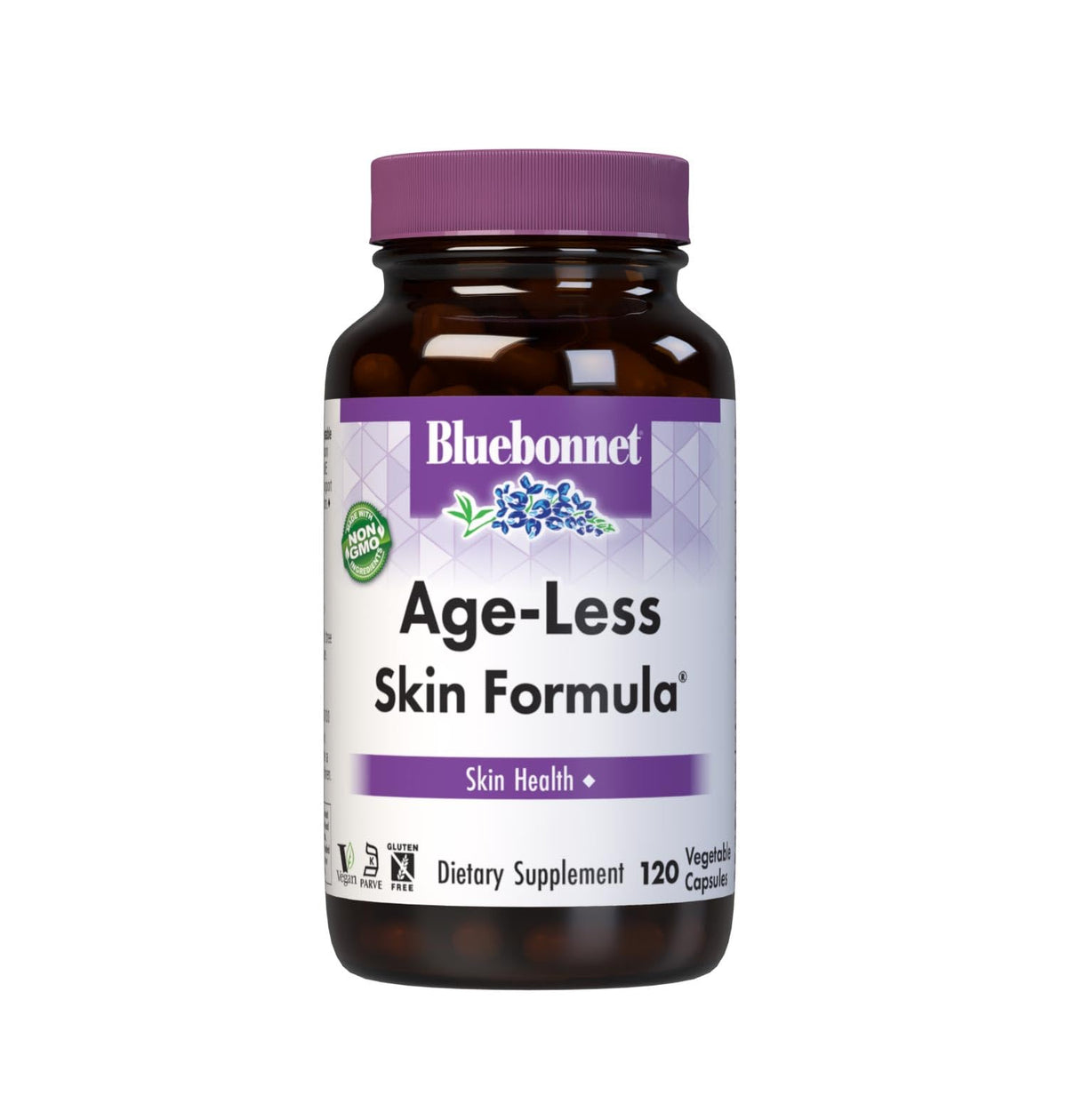 BlueBonnet Age-Less Skin Formula bottle front, convenient daily skin health support.