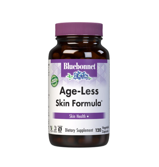 BlueBonnet Age-Less Skin Formula bottle front, convenient daily skin health support.
