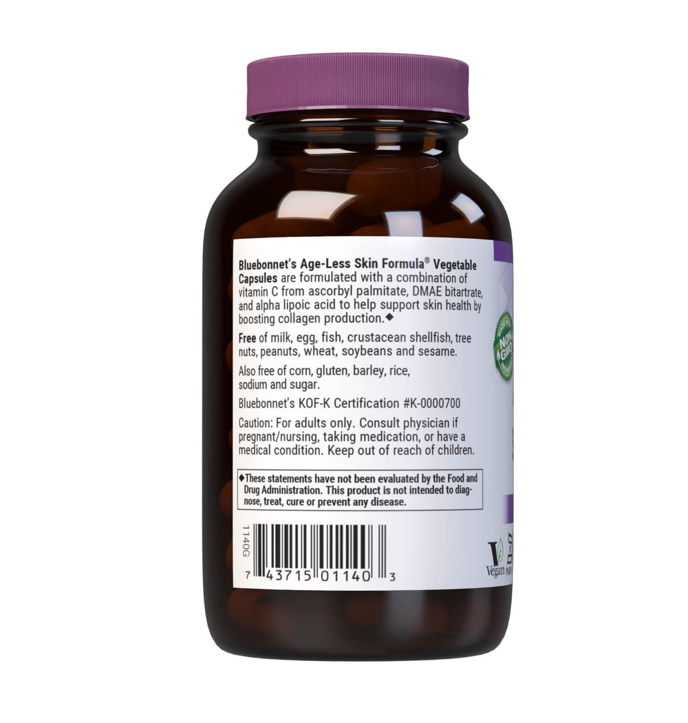 BlueBonnet Age-Less Skin Formula packaging image displays 60 servings and allergen-free formulation.