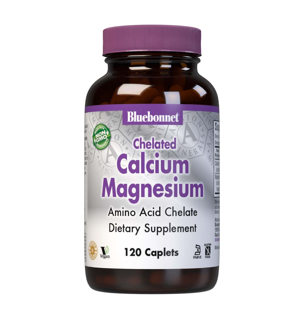 BlueBonnet Albion calcium magnesium caplets bottle, showcasing the supplement for bone health and easy absorption.