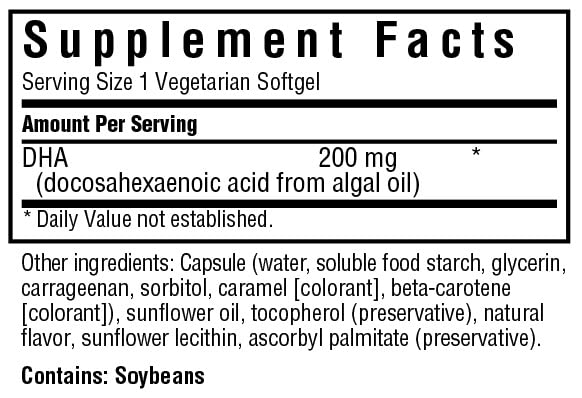 Bluebonnet algal DHA label close-up emphasizing gluten-free and non-GMO formula