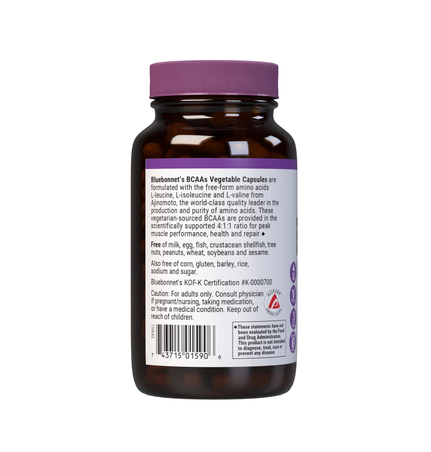 Bluebonnet BCAAs serving label showing 30 servings and clean ingredients.