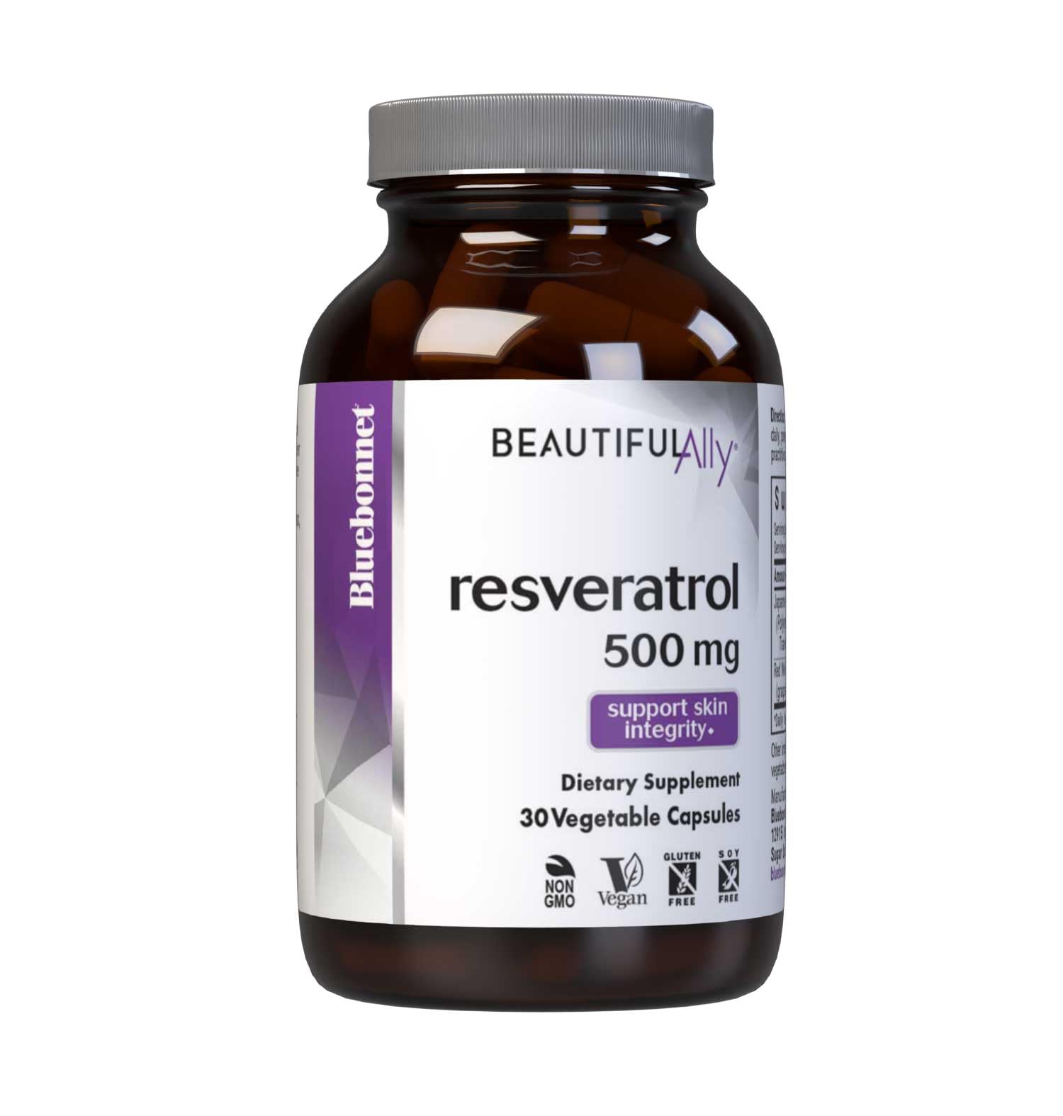 BlueBonnet Beautiful Ally Resveratrol bottle highlights premium vegan capsules for skin support.