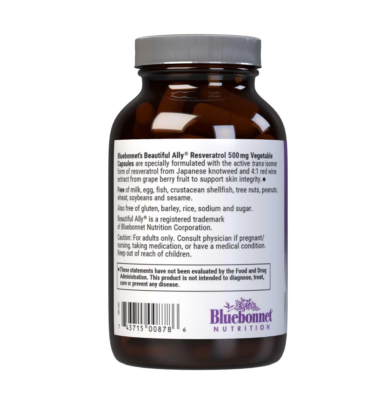BlueBonnet Beautiful Ally Resveratrol label shows 500 mg per serving and ingredients.