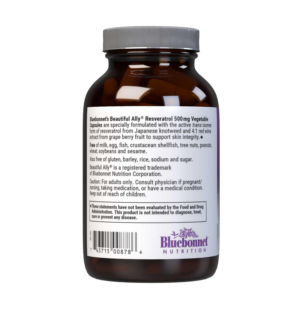BlueBonnet Beautiful Ally Resveratrol label shows 500 mg per serving and ingredients.