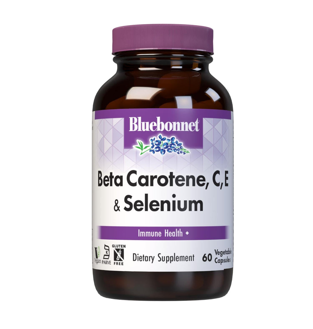 BlueBonnet Beta-Carotene C and E Plus Selenium capsules, front view suggesting daily immune support