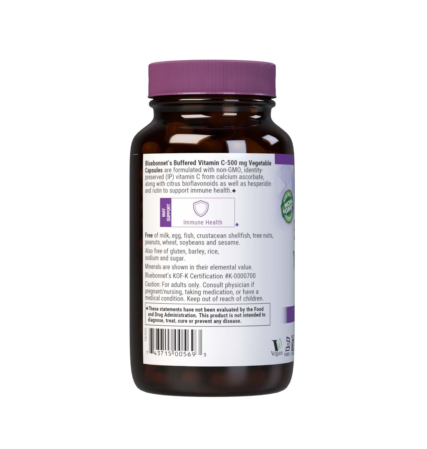 BlueBonnet Buffered Vitamin C-500 mg bottle label emphasizes allergen-free, vegan formula