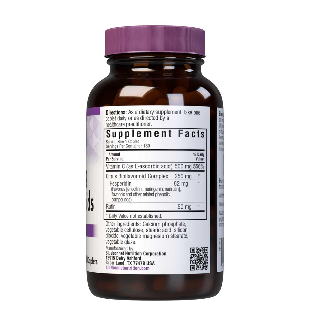 Bluebonnet C-500 mg Caplets closeup label highlighting citrus bioflavonoids and vitamin C