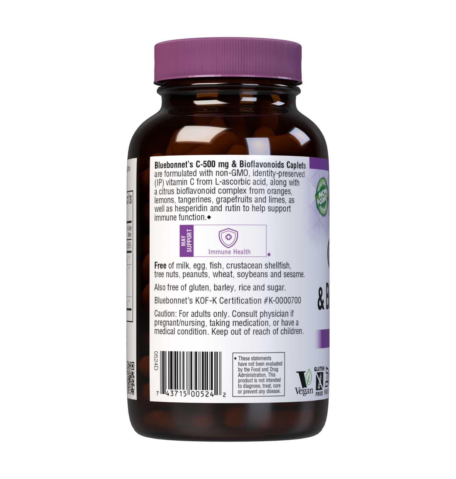 Bluebonnet C-500 mg Caplets packaging shown as dairy-free and vegan friendly