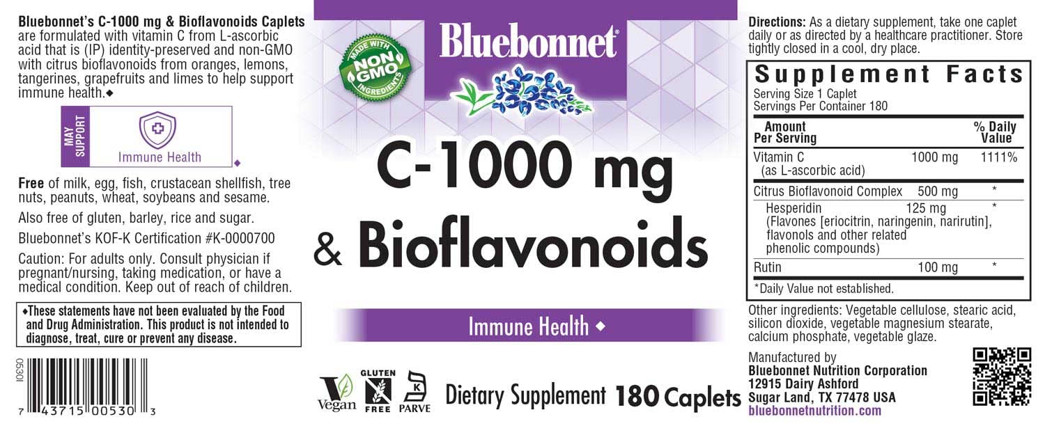 BlueBonnet C-Plus Bioflavonoids caplets bottle with ingredients panel