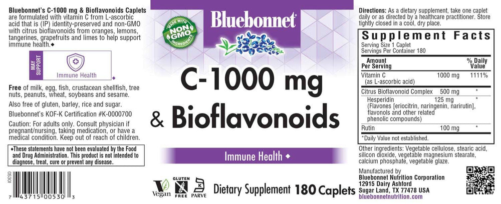 BlueBonnet C-Plus Bioflavonoids caplets bottle with ingredients panel