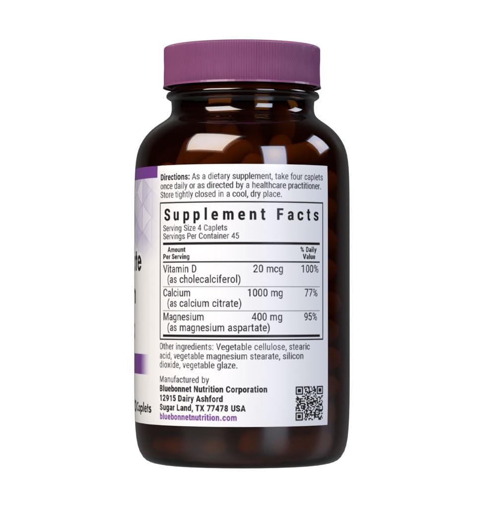 Bluebonnet Calcium Citrate Magnesium D3 caplets label shows non-GMO and kosher certification.