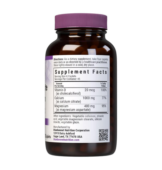 Bluebonnet Calcium Citrate Magnesium D3 caplets label shows non-GMO and kosher certification.