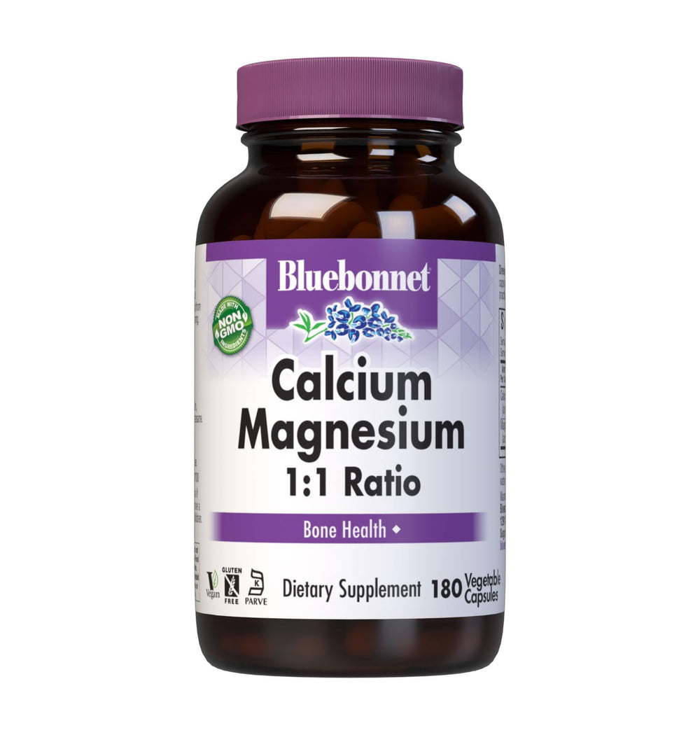 BlueBonnet Calcium Magnesium bottle front showing vegan, allergen-free formula for daily bone support.