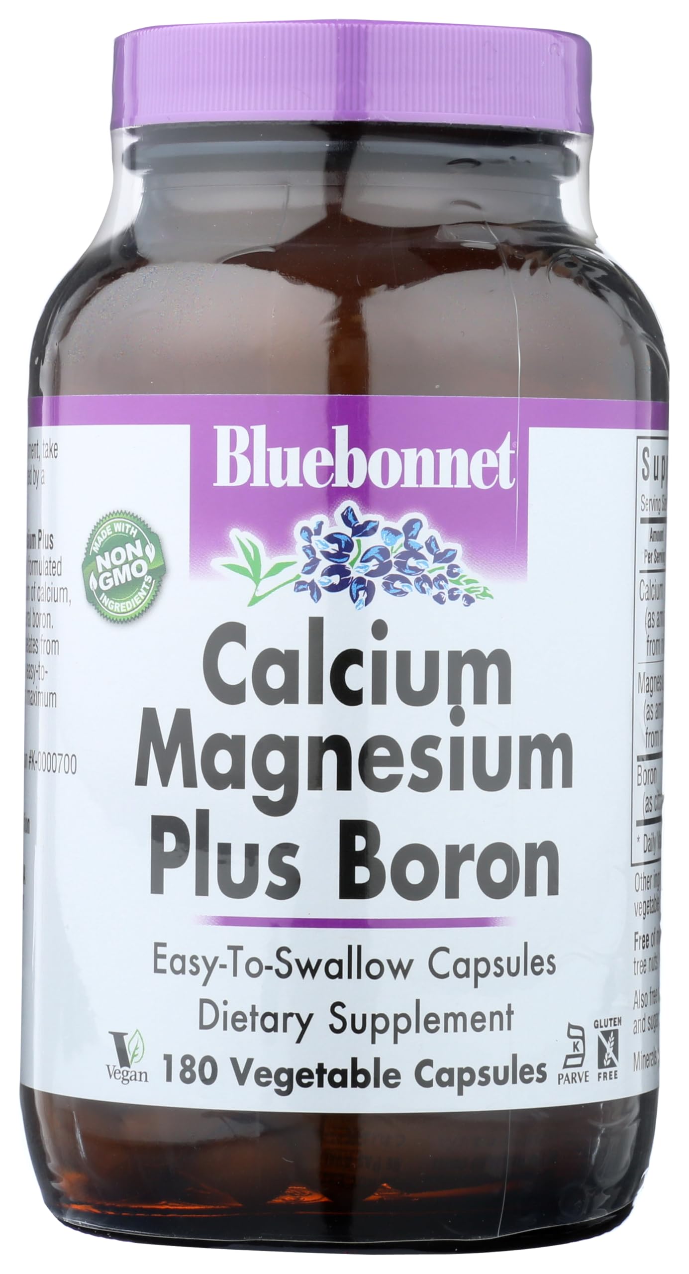 Bluebonnet Calcium Magnesium Boron capsules bottle label in off-white packaging, vegan and gluten-free.