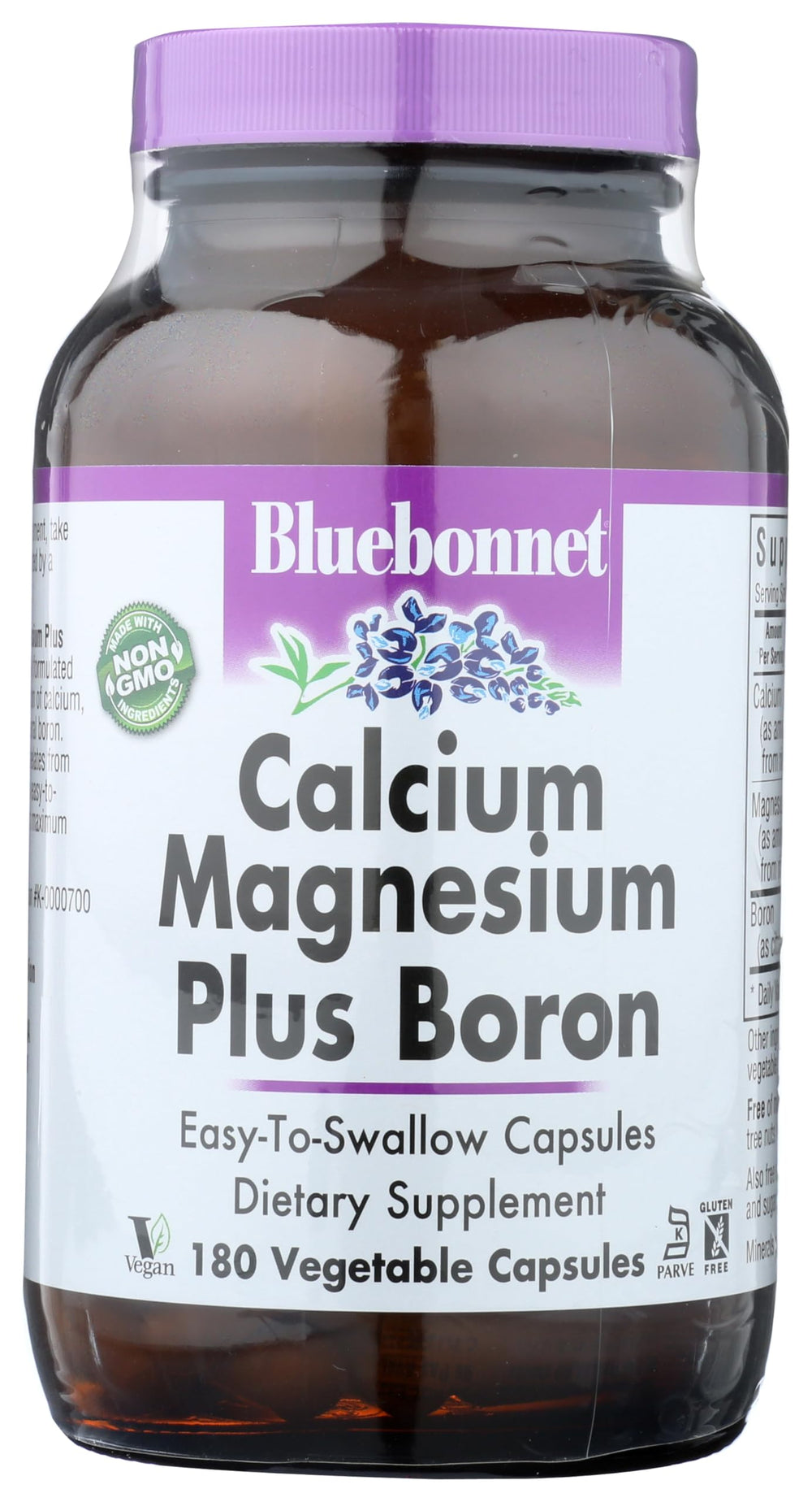 Bluebonnet Calcium Magnesium Boron capsules bottle label in off-white packaging, vegan and gluten-free.