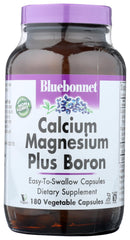 Bluebonnet Calcium Magnesium Boron capsules bottle label in off-white packaging, vegan and gluten-free.