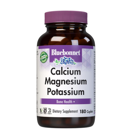 BlueBonnet Calcium Magnesium Potassium supplement bottle on shelf supports daily mineral balance