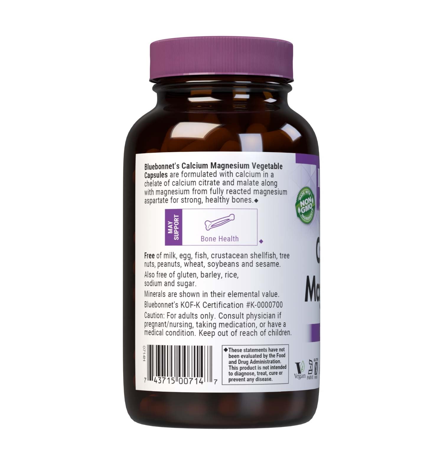 BlueBonnet Calcium & Magnesium vegetable capsules packaging detail, allergen-free and vegan