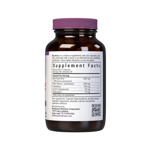 Bluebonnet CholesteRice bottle back with label details on gluten-free and non-GMO attributes.