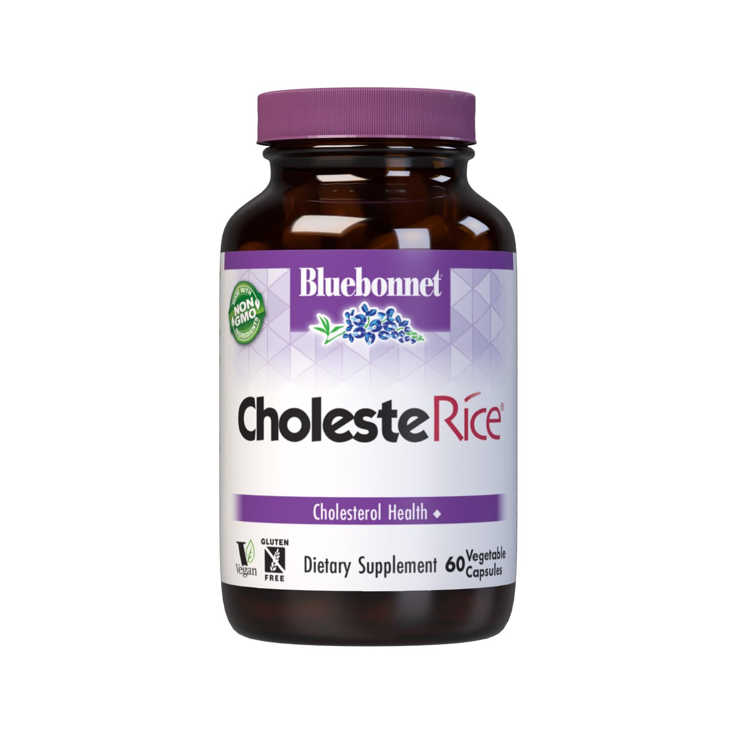 Bluebonnet CholesteRice bottle front highlighting vegan formula for general heart-support nutrition.