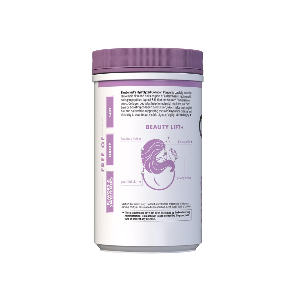 BlueBonnet 25 servings label on collagen tub for convenient daily use