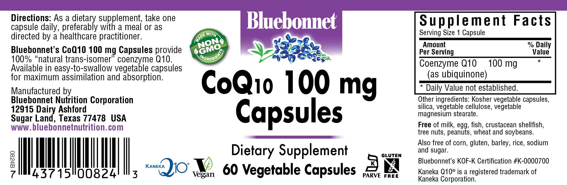 BlueBonnet CoQ-10 bottle back highlighting allergen-free and non-GMO formula.
