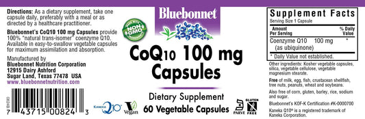 BlueBonnet CoQ-10 bottle back highlighting allergen-free and non-GMO formula.