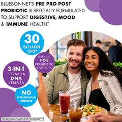 BlueBonnet DNA-verified strains badge communicates tested probiotic quality.