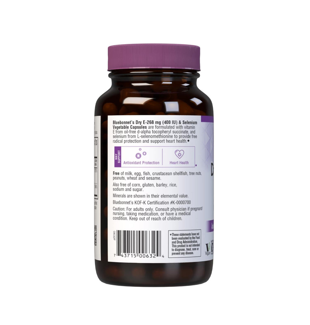 BlueBonnet Dry E-400 IU Plus Selenium label front emphasizes vitamin E and selenium ingredients.