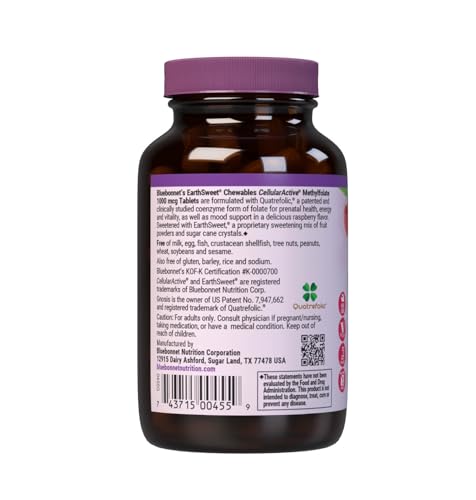 Bluebonnet EarthSweet 5-MTHF tablets beside fresh fruit imply clean vegan nutrition.