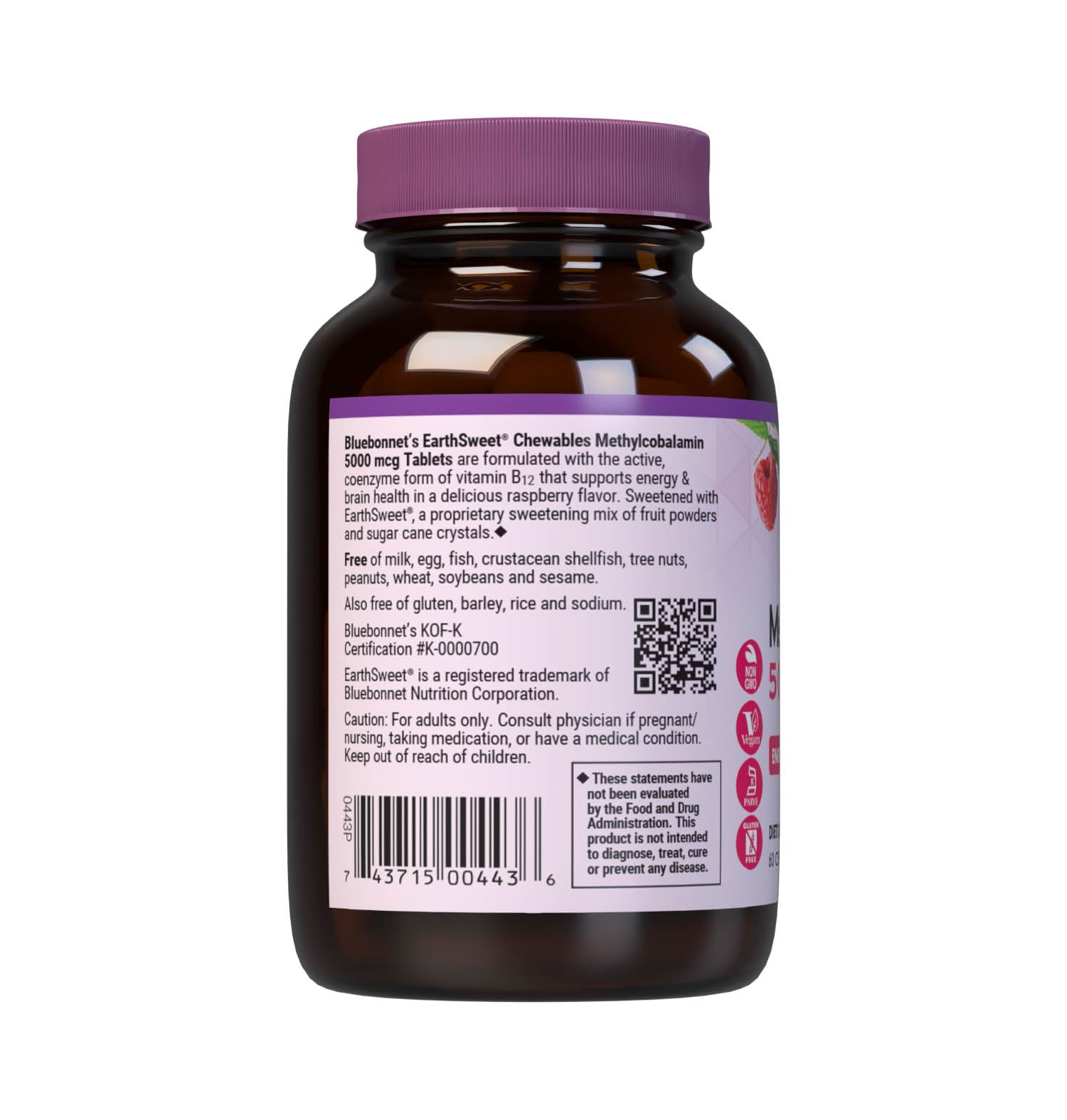 Bluebonnet EarthSweet methylcobalamin tablets close-up raspberry flavor energy boost