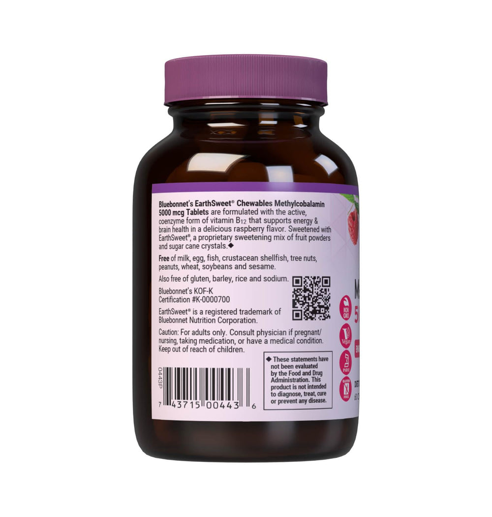 Bluebonnet EarthSweet methylcobalamin tablets close-up raspberry flavor energy boost