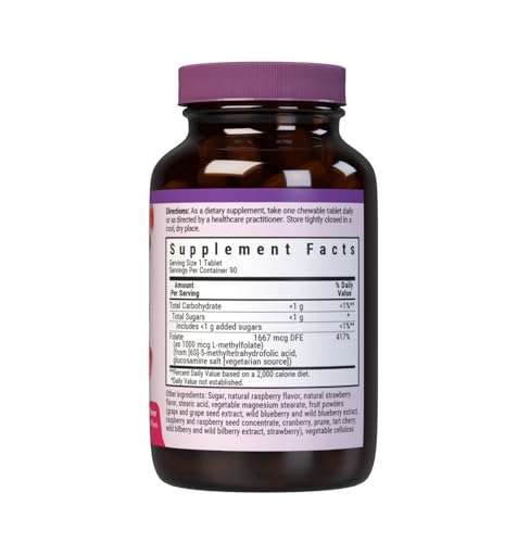 Bluebonnet EarthSweet Methylfolate tablets on raspberry label highlighting high bioavailability.