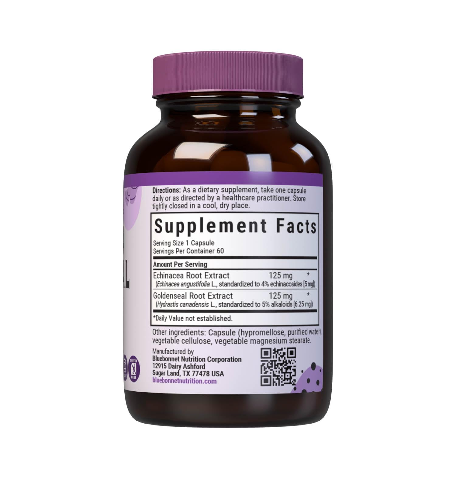 BlueBonnet Echinacea Goldenseal capsules closeup – easy-to-swallow vegetarian capsules for daily use.