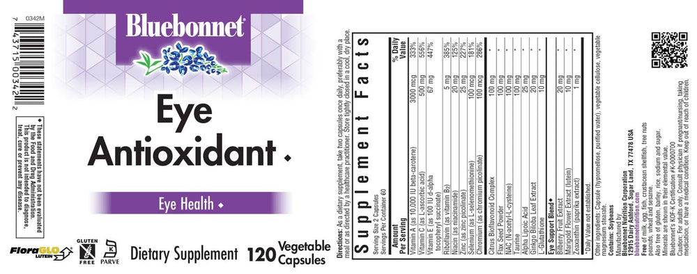 BlueBonnet Eye Antioxidant bottle label highlights FloraGlo Lutein and Bilberry.