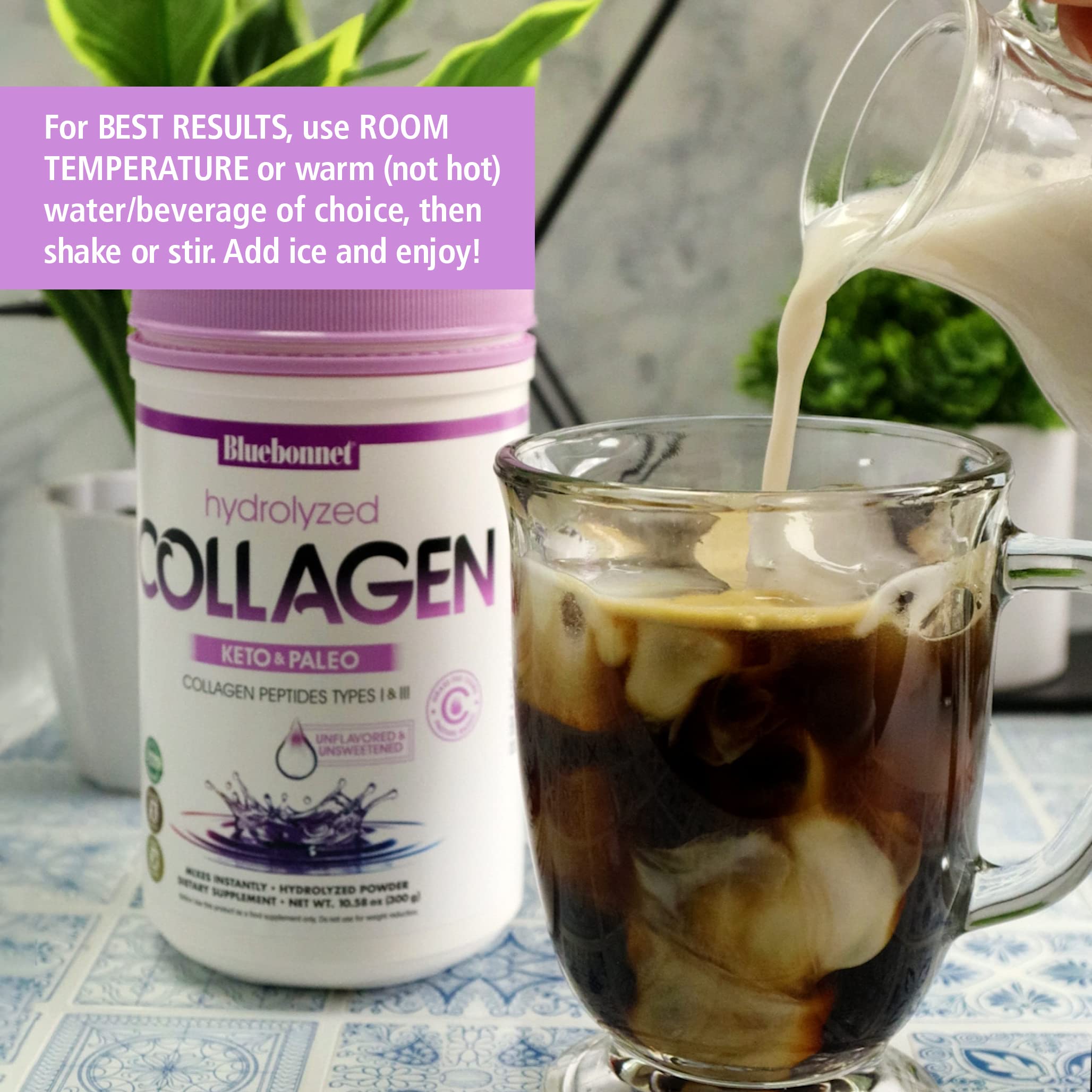 BlueBonnet collagen powder being shaken in a bottle for smooth blend