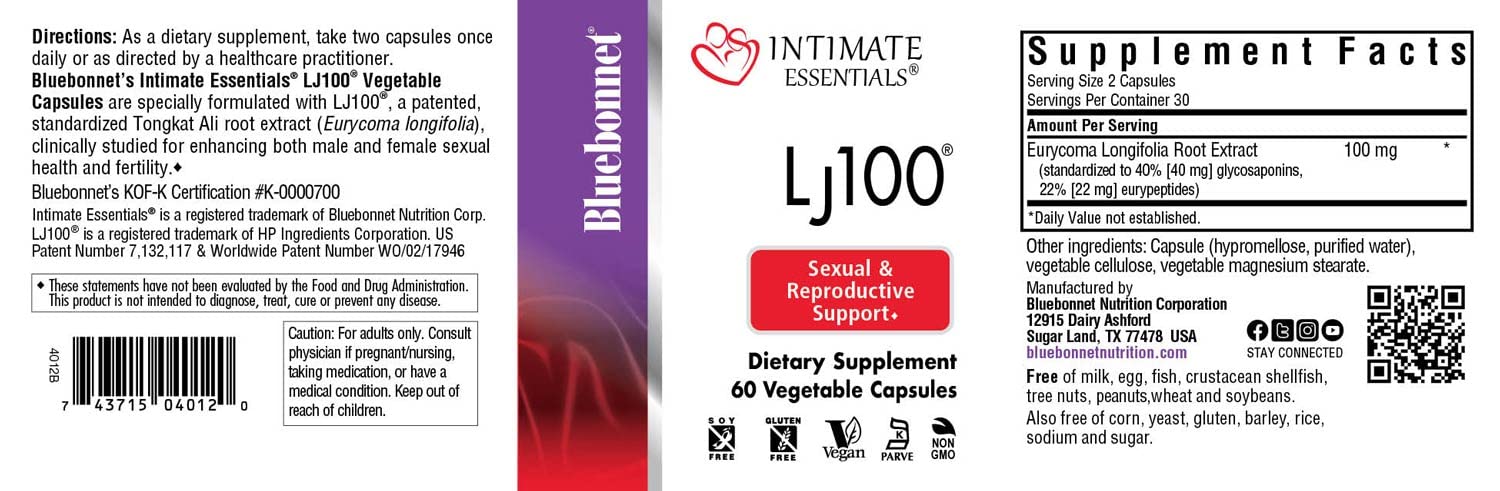 BlueBonnet Intimate Essentials LJ100 bottle front highlighting vegan capsules.