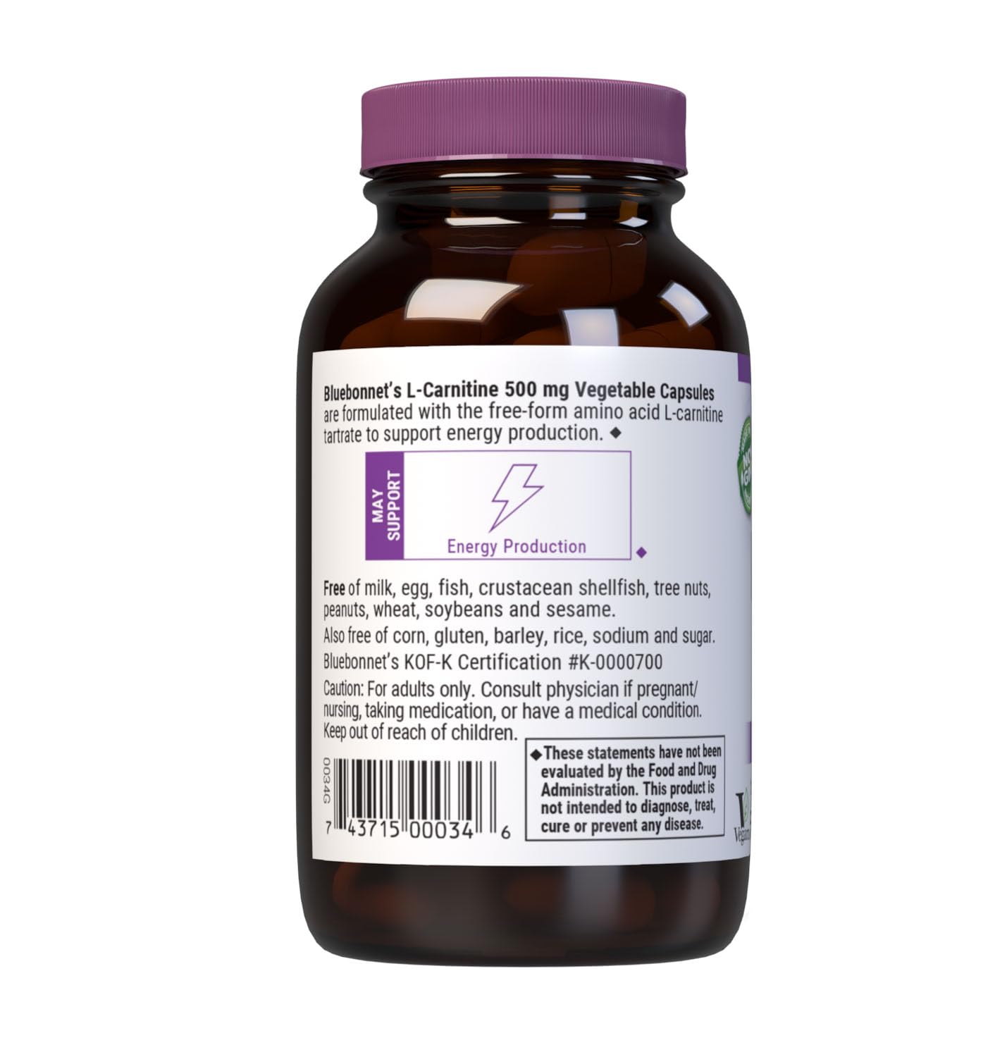 BlueBonnet L-Carnitine 500mg label shows vegan-friendly, non-GMO formula.